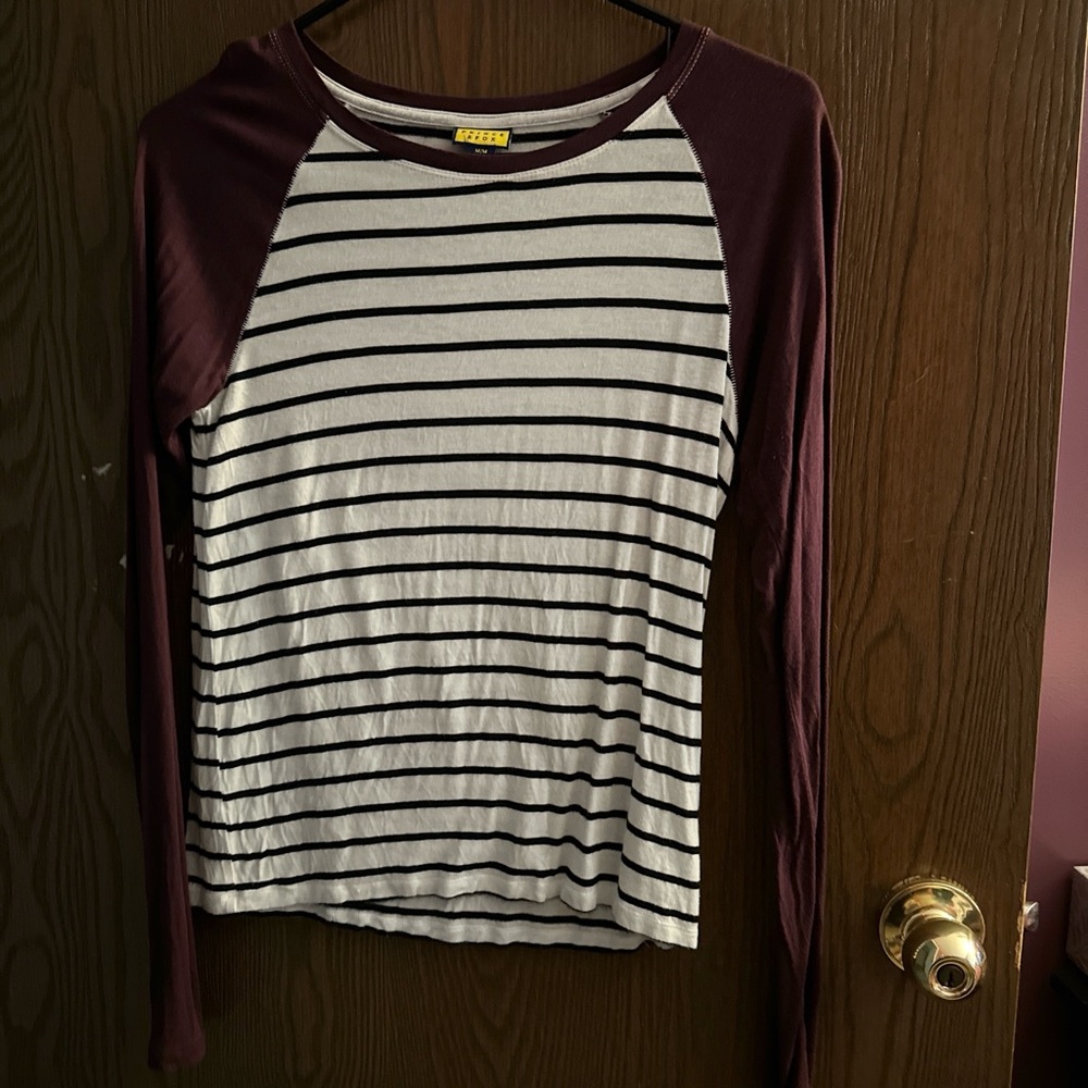 Prince & Fox Black and White Striped Long Sleeve Shirt with Burgundy Sleeves